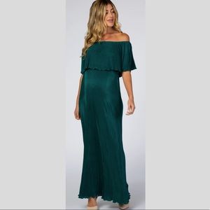 Forest Green Pleated Ruffle Off Shoulder Dress